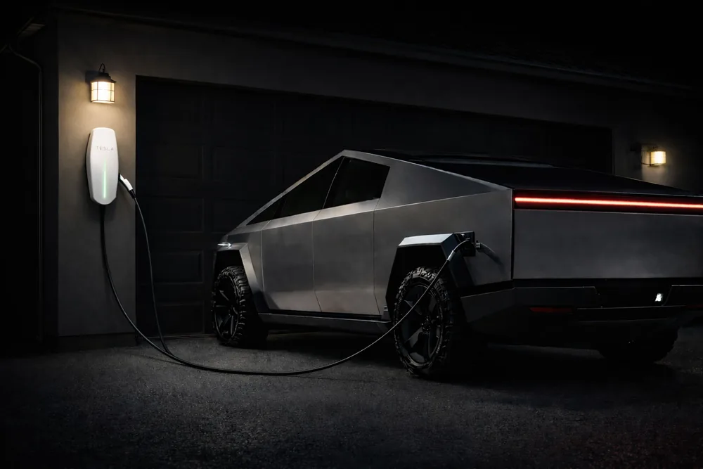 Modern electric pickup truck beside a home charging station